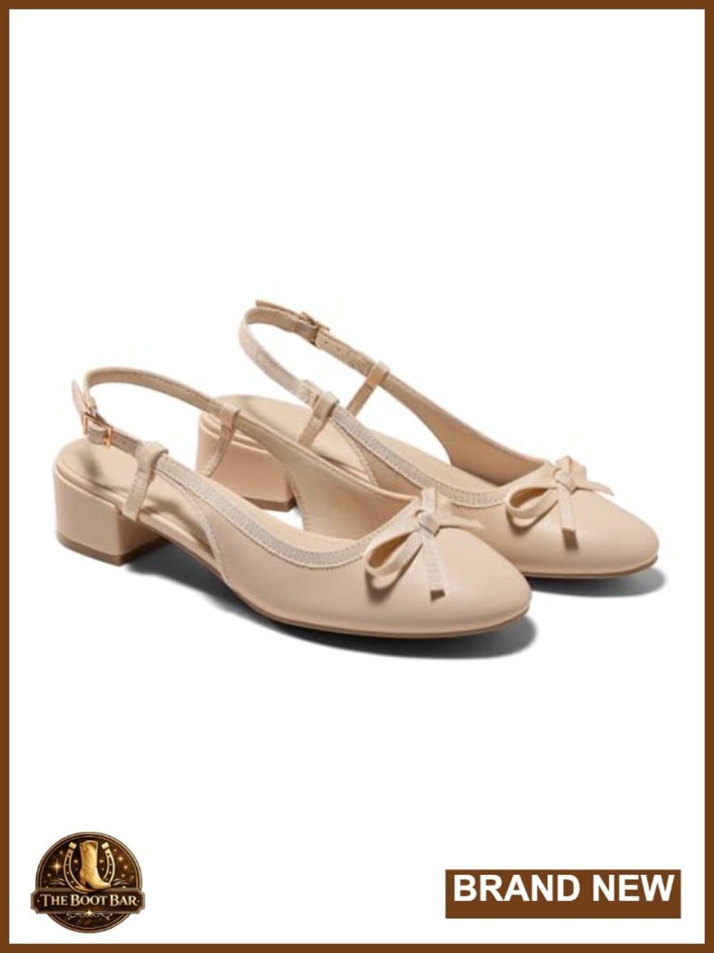 Chunky Low Heel Slingback Ballet Pumps Closed Toe Bow Dress Shoes Faux Leather